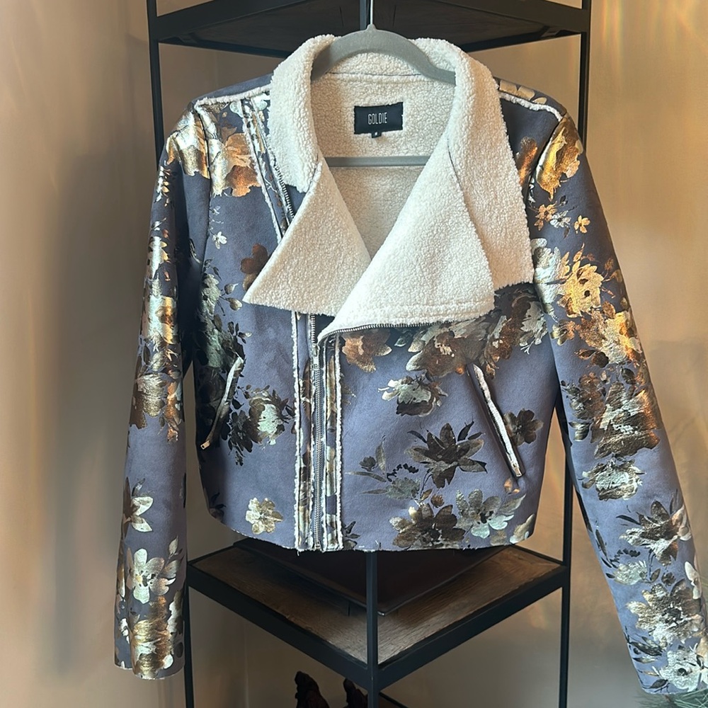 Anthropologie Goldie Floral Sherpa Moto Jacket